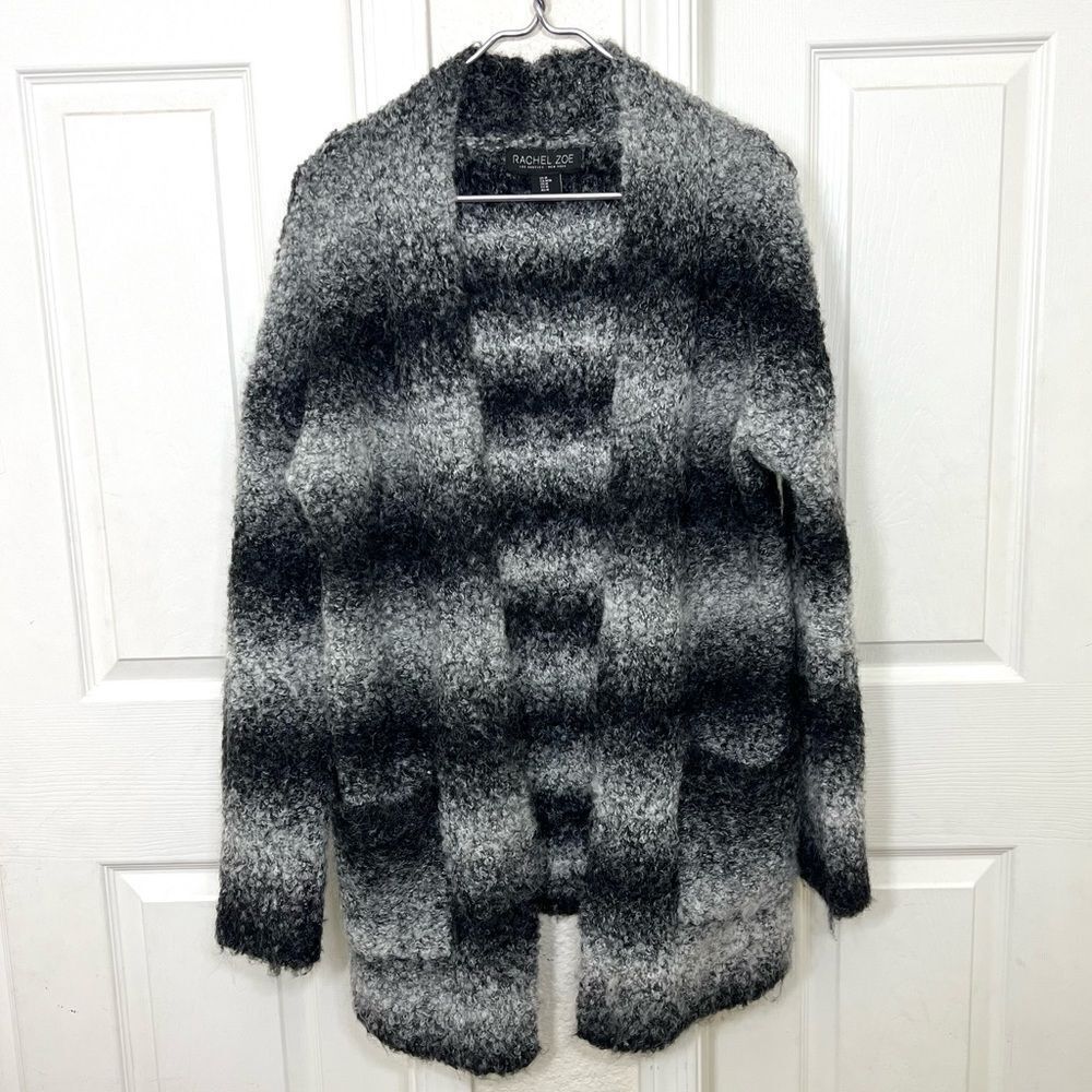 Rachel Zoe Wool Alpaca Blend Cozy Cardigan Sweater Striped Gray Fuzzy Size M